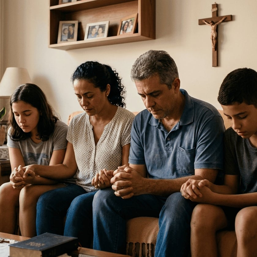 Família de quatro pessoas sentada no sofá, de mãos dadas e cabeças baixas, rezando na sala.