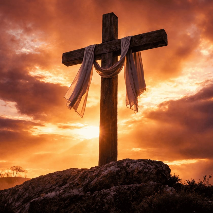 Cruz de madeira com tecido claro pendurado, sobre uma rocha ao pôr do sol.