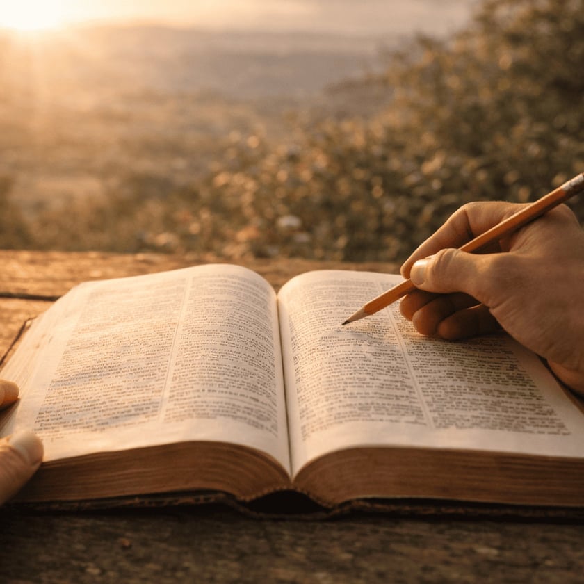 Mãos de uma pessoa seguram um livro aberto e apontam um lápis para a página, ao ar livre.