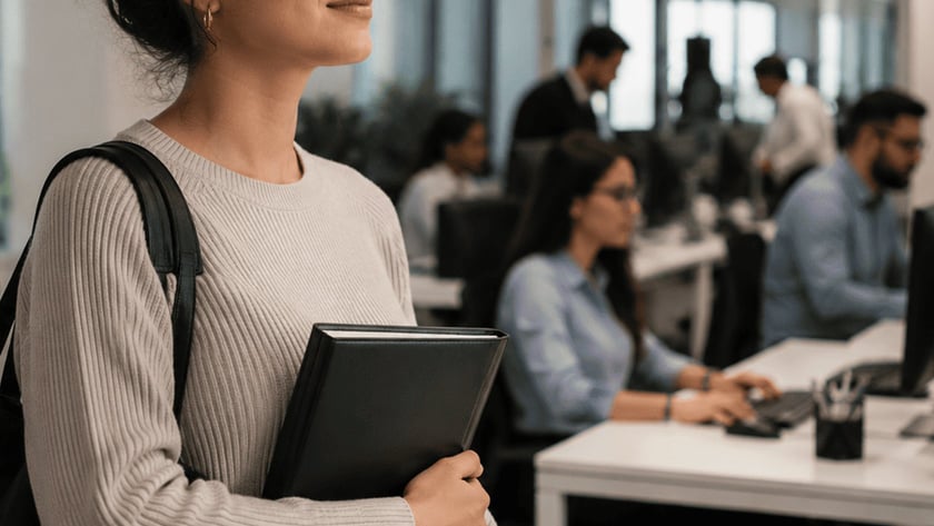 Mulher com bolsa e caderno em pé num escritório onde colegas trabalham.