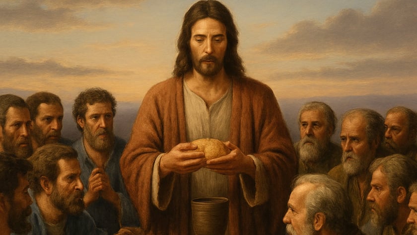 Homem de manto marrom segura um pão sobre uma mesa, cercado por homens barbados.