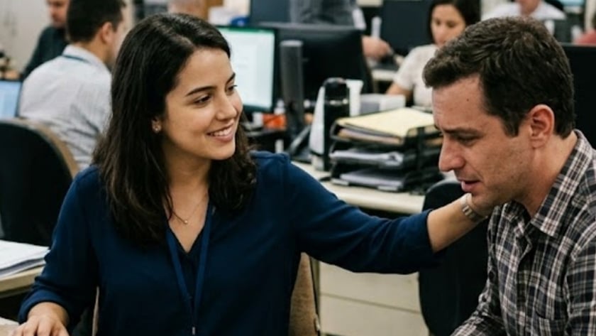 Mulher sorridente com crachá estende o braço em escritório movimentado com colegas ao fundo.