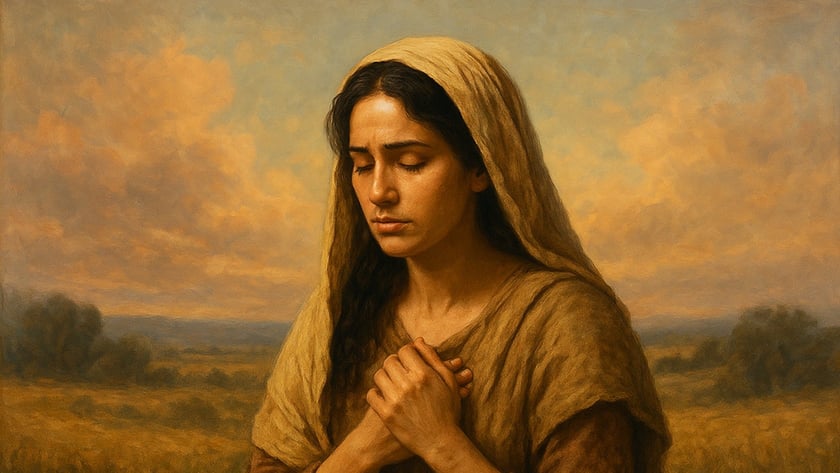 Mulher ajoelhada num campo, com manto na cabeça, olhos fechados e mãos sobre o peito.