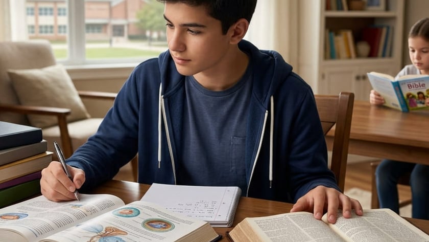 Adolescente estuda à mesa com livros e cadernos, enquanto uma criança lê um livro ao fundo.
