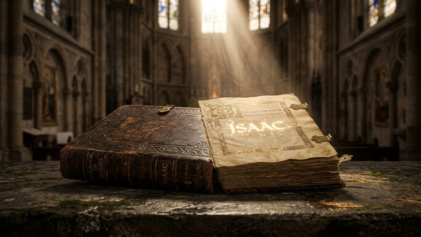 Livro antigo aberto sobre pedra numa catedral, com "ISAAC" brilhando na página e "THE BOOK OF