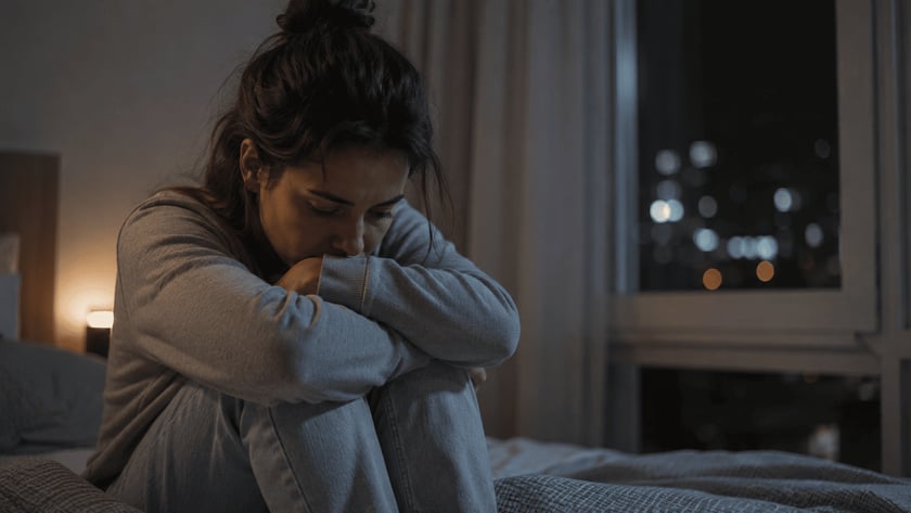 Mulher sentada na cama abraça os joelhos e apoia o rosto nos braços.