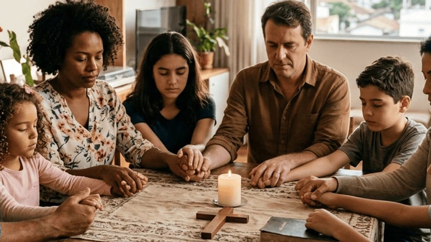 Família de mãos dadas e olhos fechados reza ao redor de uma mesa com vela, cruz e Bíblia.