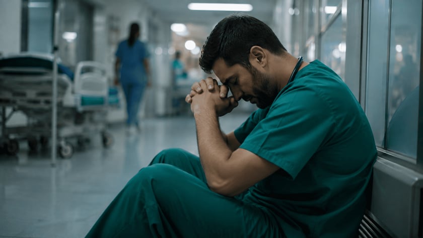 Profissional de saúde de uniforme verde sentado no chão de um corredor hospitalar