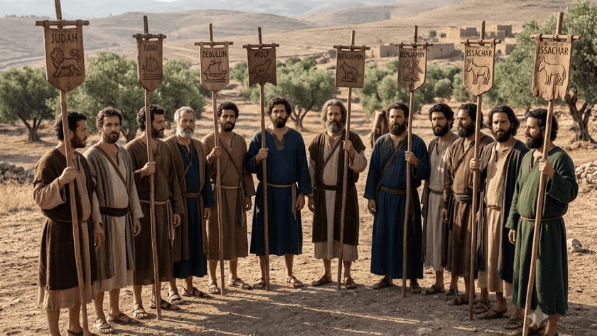 Homens de túnicas antigas seguram estandartes de madeira em colina com oliveiras: "JUDAH"