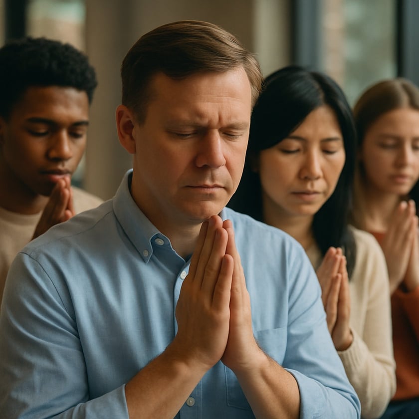 Quatro pessoas de olhos fechados e mãos postas, rezando lado a lado em um ambiente interno.