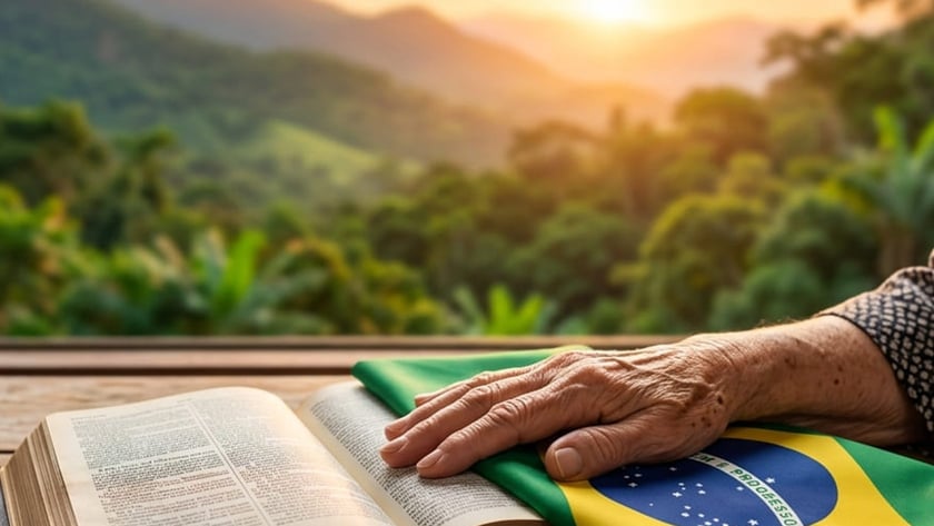 Mão idosa sobre uma Bíblia aberta e a bandeira do Brasil, diante de paisagem de montanhas.