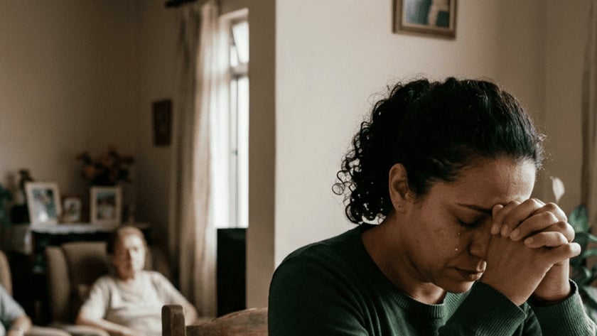 Mulher de cabelo escuro e blusa verde reza à mesa, com Bíblia, terço e caneca.