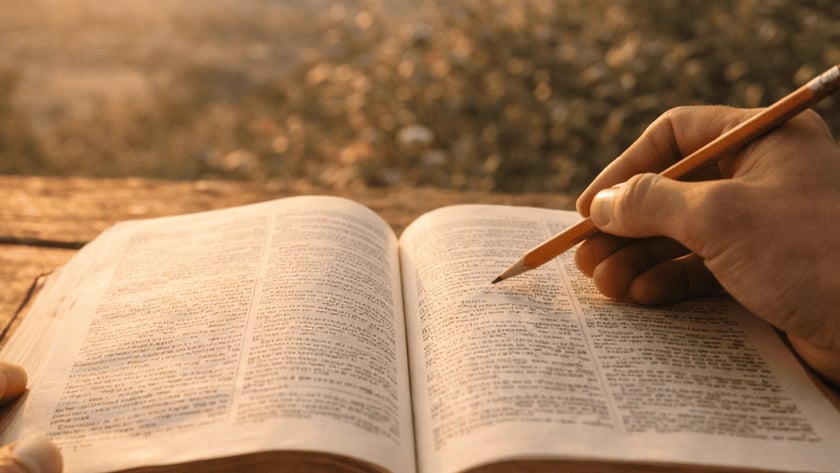 Mãos de uma pessoa seguram um livro aberto e apontam um lápis para a página, ao ar livre.
