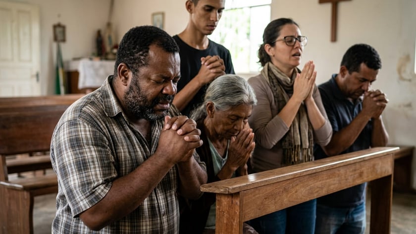 Cinco pessoas rezam de mãos postas em uma capela com cruz de madeira na parede.