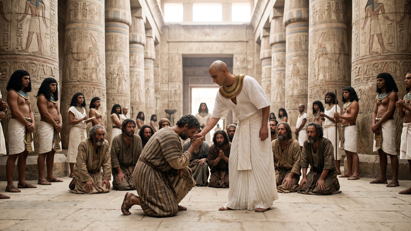 Homem de branco ergue um ajoelhado em templo egípcio, diante de homens sentados.