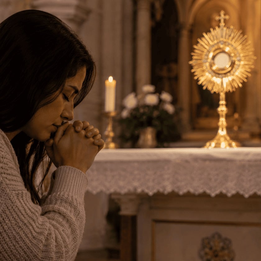 Mulher de cabelo escuro reza com as mãos juntas diante de um ostensório dourado no altar.
