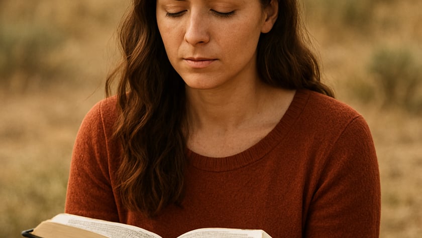 Mulher de cabelo castanho e suéter vermelho segura um livro aberto ao ar livre.