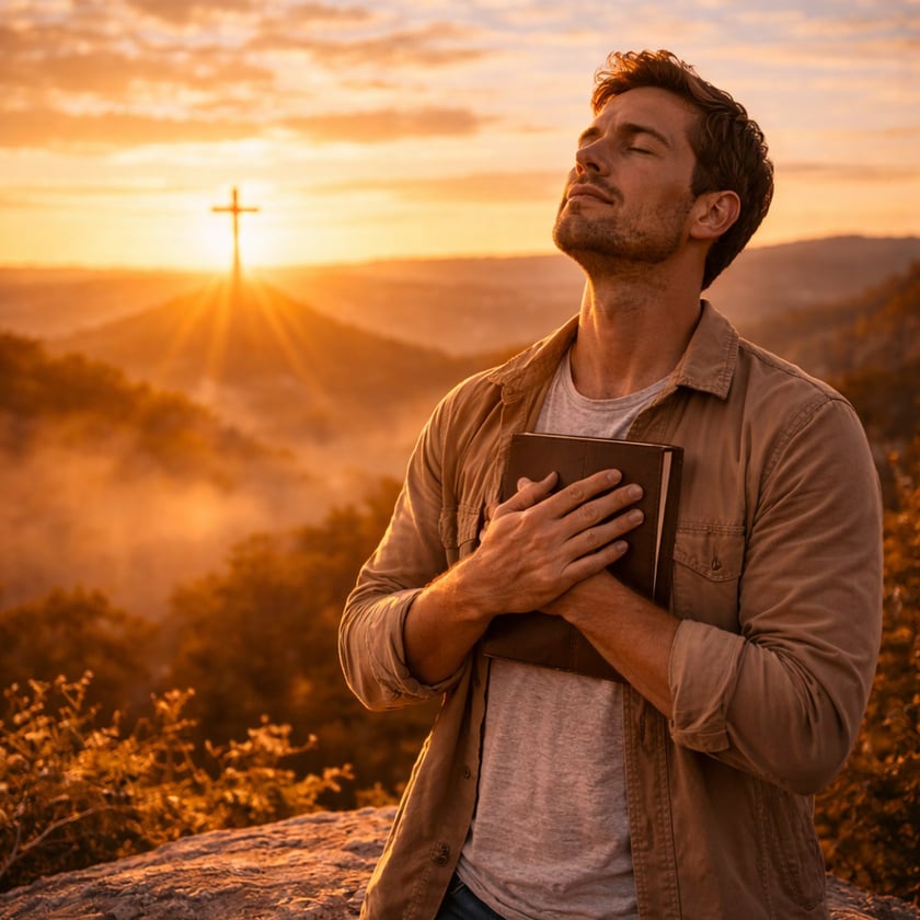 Homem de olhos fechados segura um livro junto ao peito, em um morro com uma cruz ao fundo.