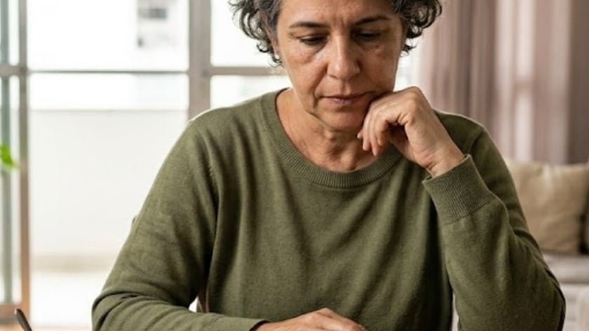 Mulher de cabelo grisalho e suéter verde lê um livro aberto à mesa.