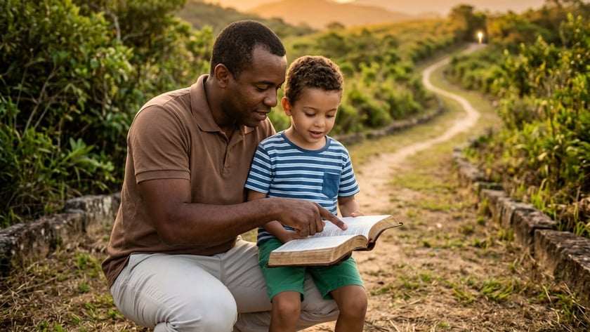 Homem e menino leem juntos uma Bíblia aberta ao ar livre, perto de uma trilha.