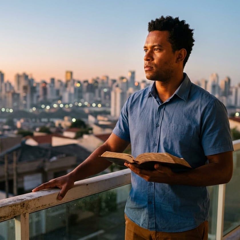 Homem de camisa azul segura um livro aberto em uma varanda, diante de uma cidade.