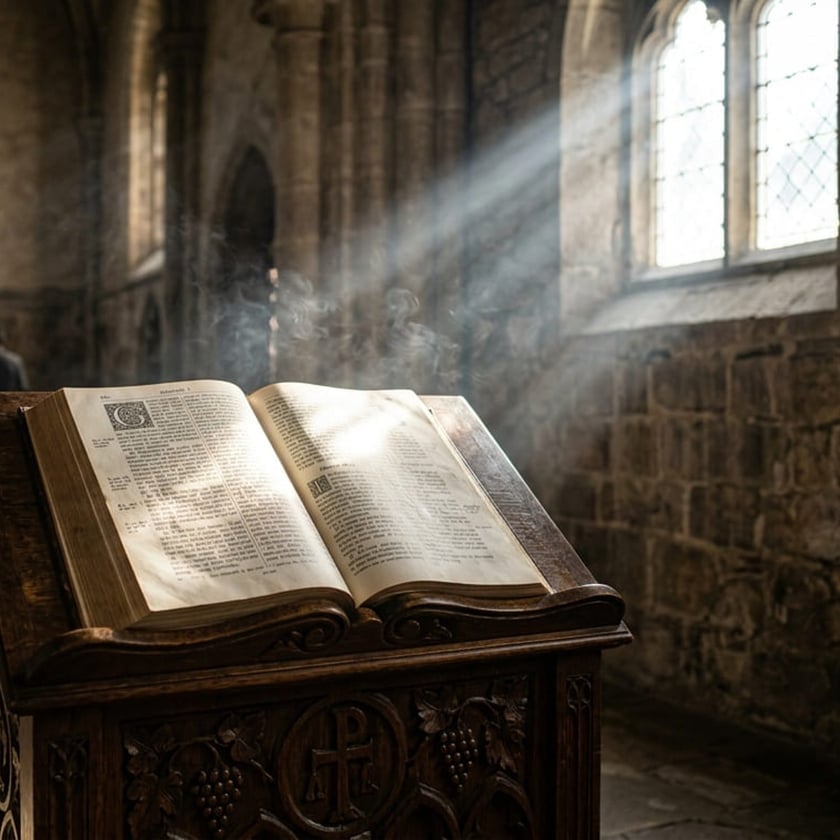 Bíblia aberta sobre estante de madeira entalhada em uma igreja de pedra
