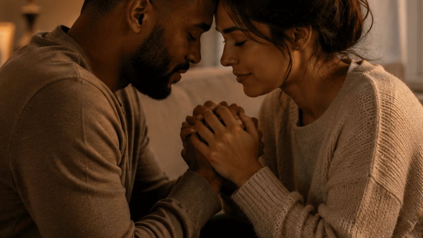 Casal sentado no sofá, com as testas encostadas e as mãos unidas, ao lado de uma Bíblia aberta.
