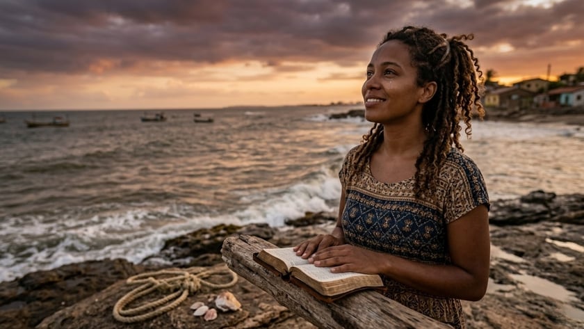 Mulher de cabelo cacheado segura uma Bíblia aberta sobre um tronco, à beira-mar, ao entardecer.