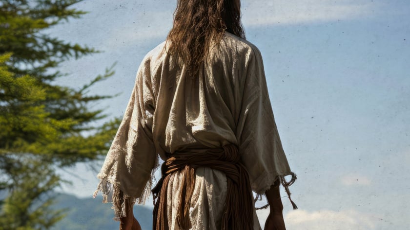 Homem de costas, com cabelo comprido e túnica clara, observa montanhas ao lado de um pinheiro.
