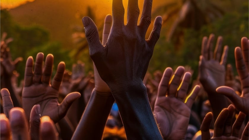 Multidão de mãos erguidas ao pôr do sol, com palmeiras e montanhas ao fundo.