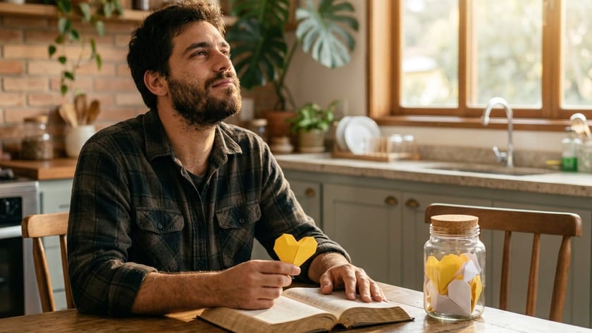 Homem barbudo sentado à mesa de cozinha, com coração de origami amarelo e livro aberto.