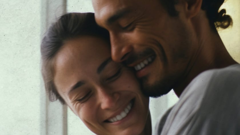 Homem de cabelo cacheado e mulher se abraçam sorrindo, de olhos fechados, perto de uma janela.