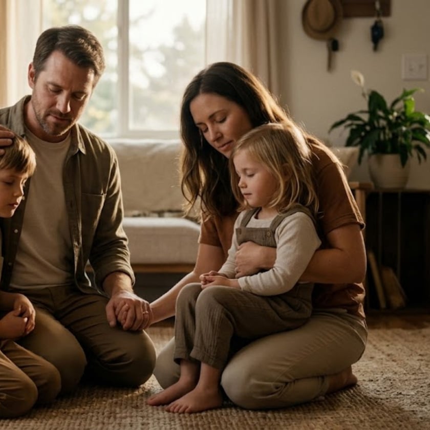 Família ajoelhada na sala, de olhos fechados, com pais e crianças de mãos juntas.