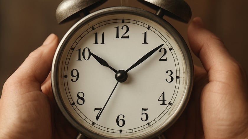 Duas mãos seguram um despertador clássico de metal com dois sinos, marcando 10h08.