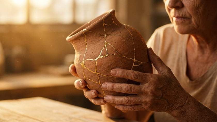 Mãos idosas seguram um vaso de barro com rachaduras preenchidas por linhas douradas.