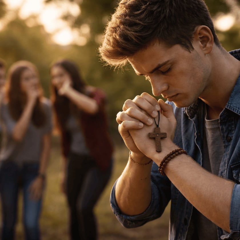 Jovem de olhos fechados reza com um crucifixo de madeira entre as mãos