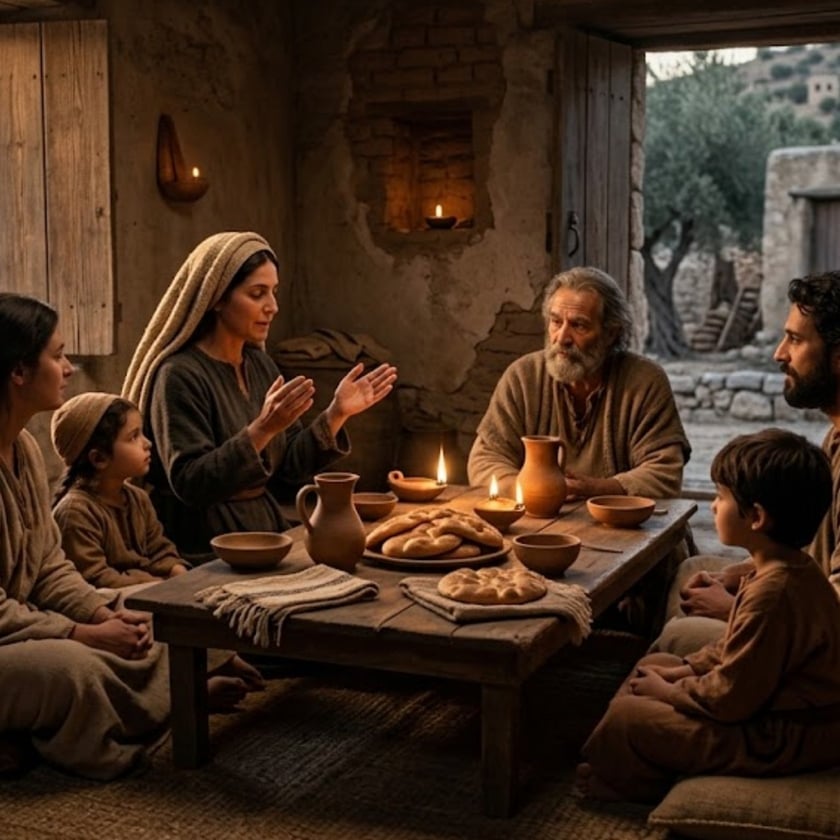 Família em túnicas simples reunida em volta de uma mesa baixa com pães, jarros e lamparinas.