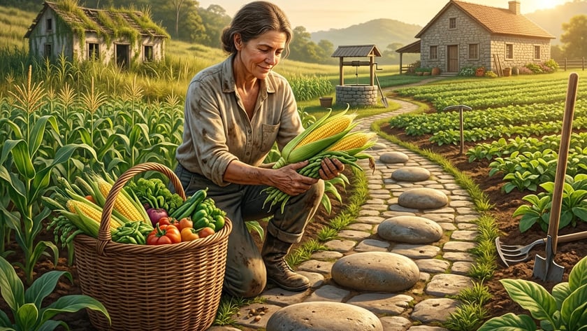 Mulher agachada colhe milho e vagens perto de uma cesta cheia de legumes.