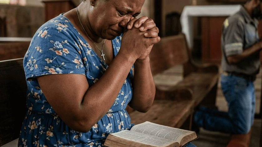 Mulher de vestido florido, com as mãos unidas junto ao rosto, ora num banco de igreja.