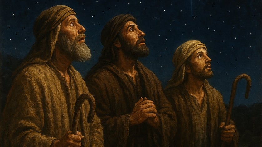 Três homens de turbante e manto, com cajados, olham para uma estrela brilhante no céu noturno.