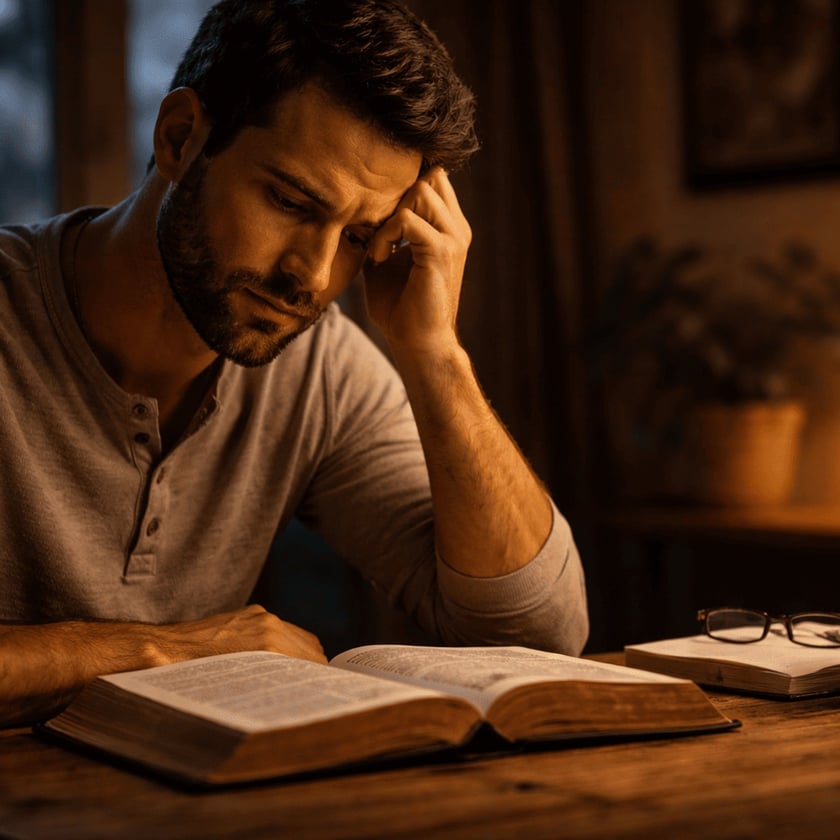 Homem sentado à mesa de madeira, com a mão na testa, olhando um livro aberto.