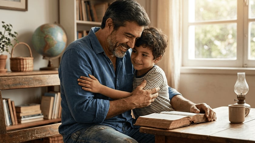 Homem sorridente abraça um menino ao lado de uma mesa com livro aberto.
