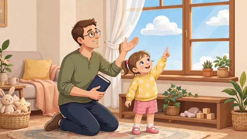 Pai ajoelhado com um livro e menina apontando para o céu pela janela.