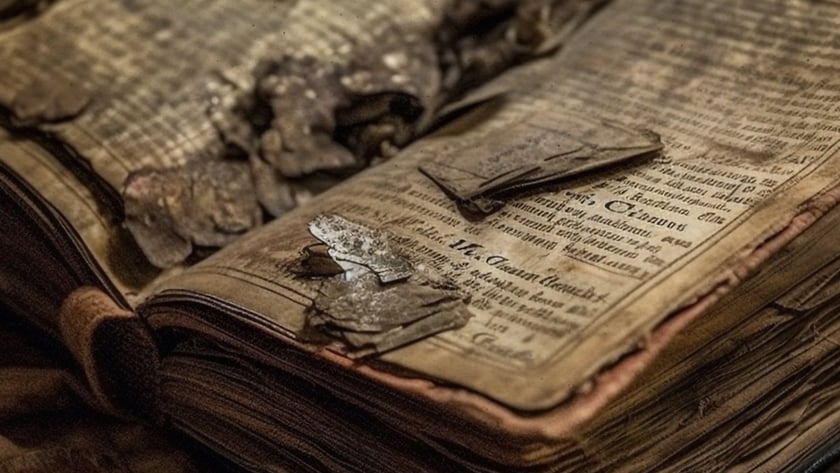 Livro antigo aberto sobre uma mesa, com páginas amareladas, rasgadas e queimadas nas bordas.