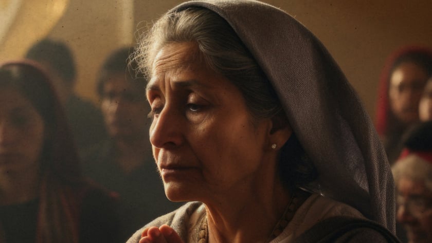 Mulher idosa de manto cinza reza de mãos juntas, cercada por pessoas desfocadas.