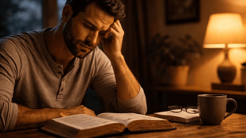 Homem sentado à mesa de madeira, com a mão na testa, olhando um livro aberto.