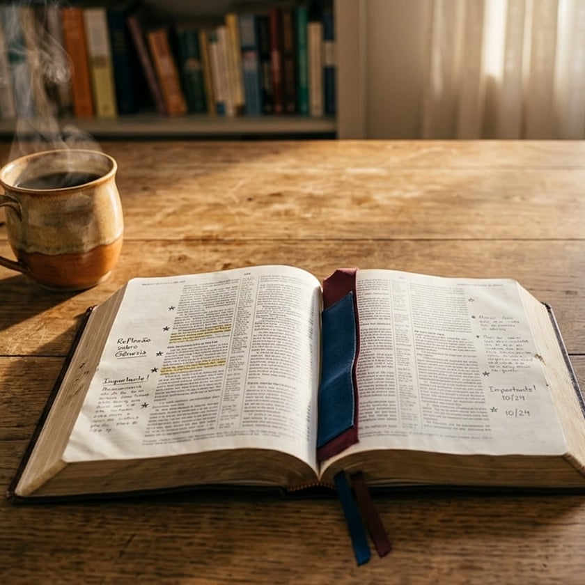 Bíblia aberta ao lado de caderno com "Plano de Leitura para a Família - 7 Dias".