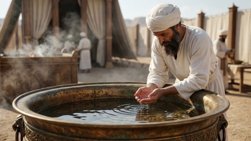 Sacerdote de turbante e túnica brancos lava as mãos em uma grande bacia de bronze.