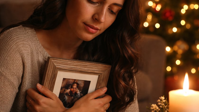 Mulher de cabelo escuro abraça um porta-retrato ao lado de uma vela e uma árvore de Natal.
