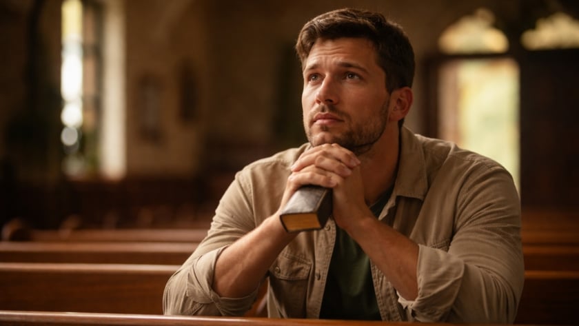 Homem de barba curta, sentado em um banco de igreja, segura uma Bíblia junto às mãos.
